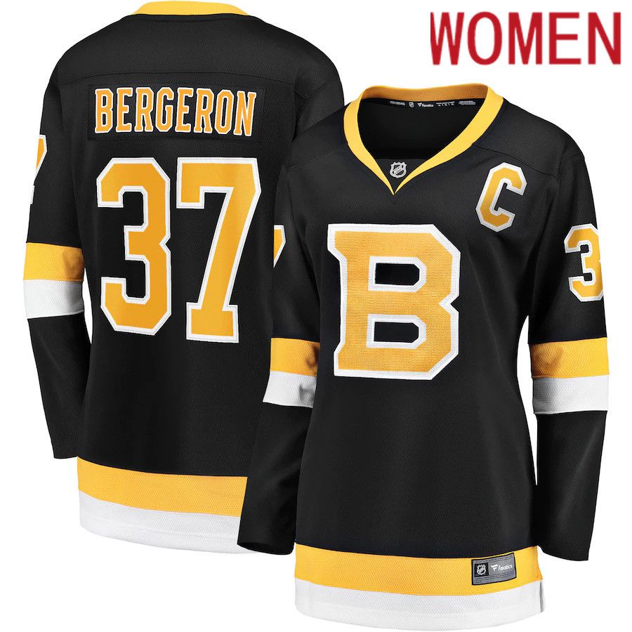 Women Boston Bruins #37 Patrice Bergeron Fanatics Branded Black Captain Alternate Premier Breakaway Player NHL Jersey